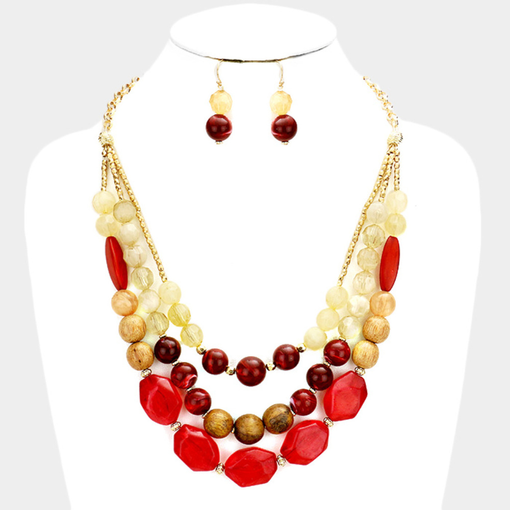 Wood Multi Beaded Bib Necklace Set